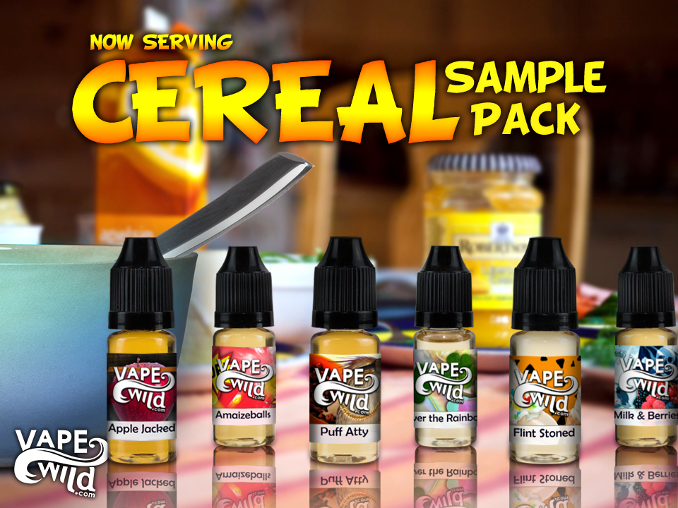 VapeWild's tweet photo. Introducing the Cereal Sample Pack with 6 new cereal flavors! Follow, RT &amp; Like for a chance to win! #giveaway https://t.co/JS7mMpSzTh