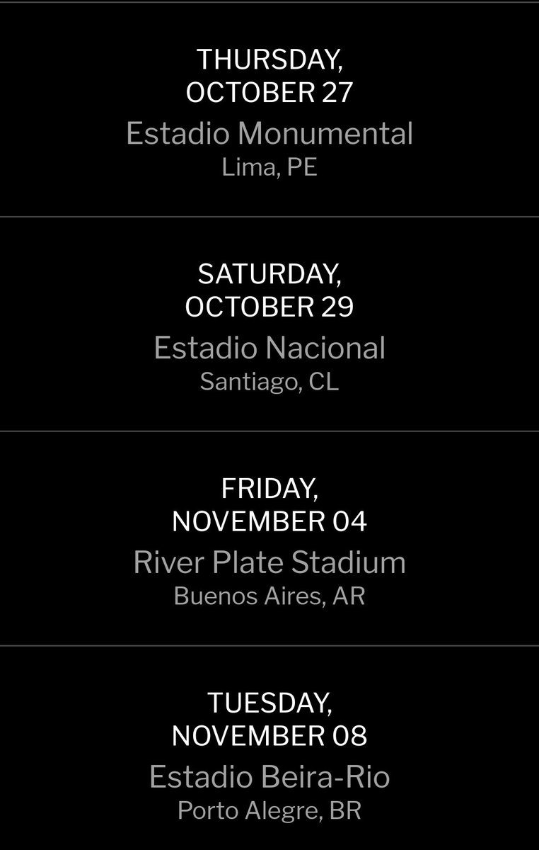FansGunners1's tweet photo. Estas serían las fechas confirmadas en la página oficial de @gunsnroses para la gira por Latinoamerica! #GNRIsBack🔫🌹 https://t.co/AIAI5D7EmI