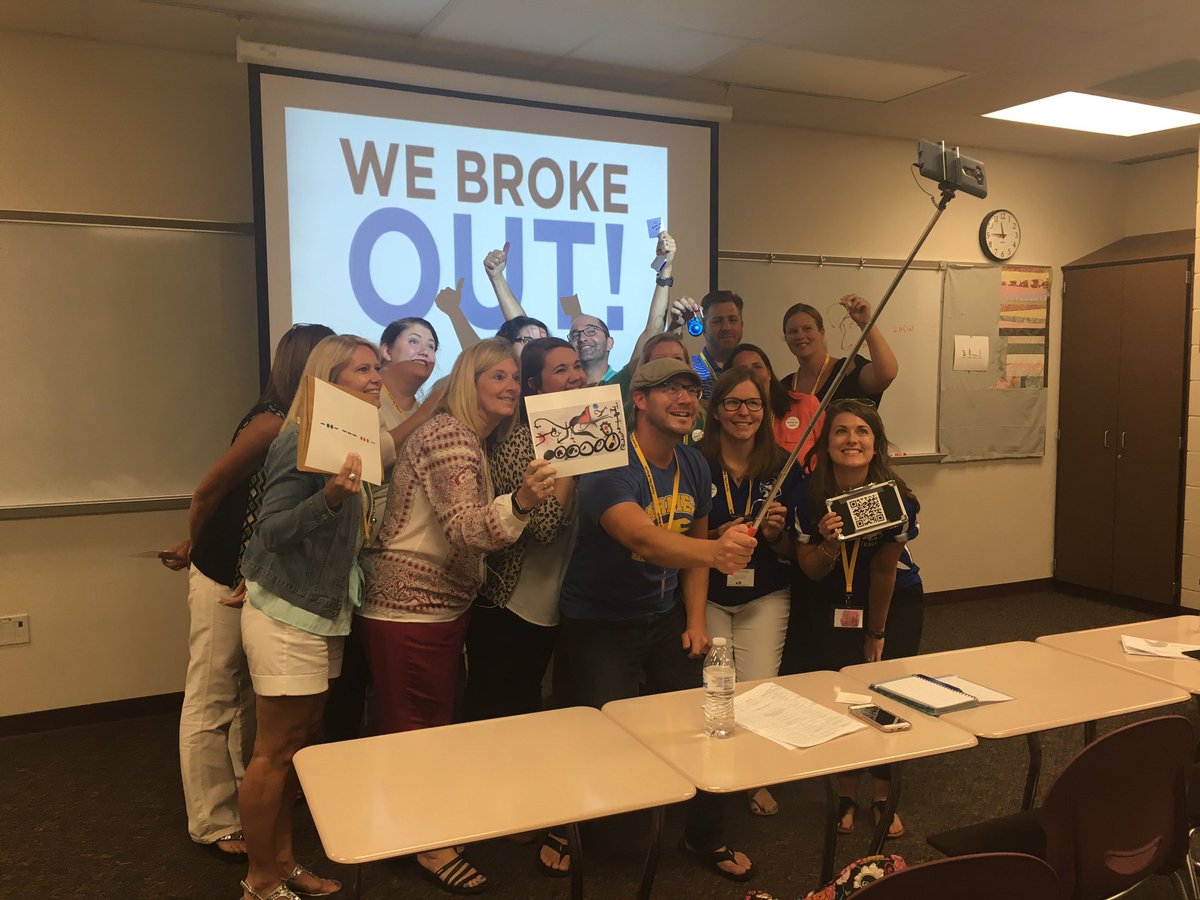 ccstechgirl's tweet photo. They broke out with 11 minutes to spare! And taking a selfie - love it!! #BreakoutEDU #c4ccs16 https://t.co/EQbt6KQWgf