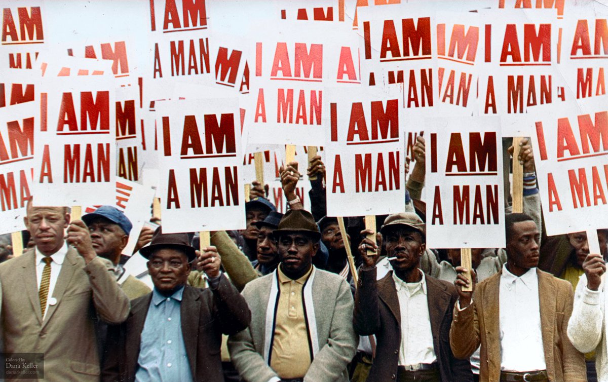 _HistoryInColor's tweet image. &quot;I AM A MAN&quot; Memphis Sanitation Strike, March 28, 1968 #colorized Before/after: danarkeller.com