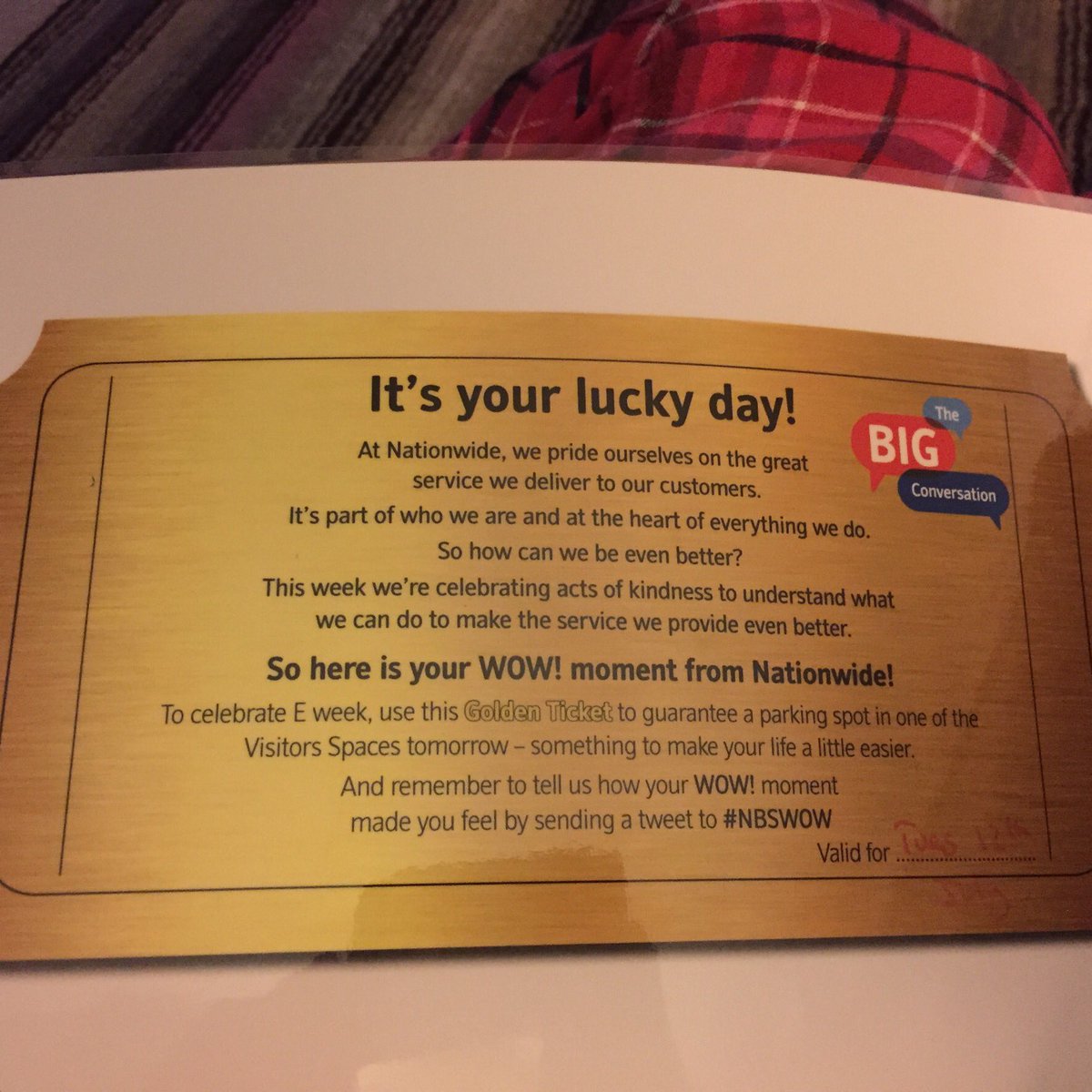 tracyweb40's tweet photo. Challenging day &amp; almost fell in the car park. Cheered me up to find a golden ticket on my car! Thank you #nbswow https://t.co/iVhpzWfn62