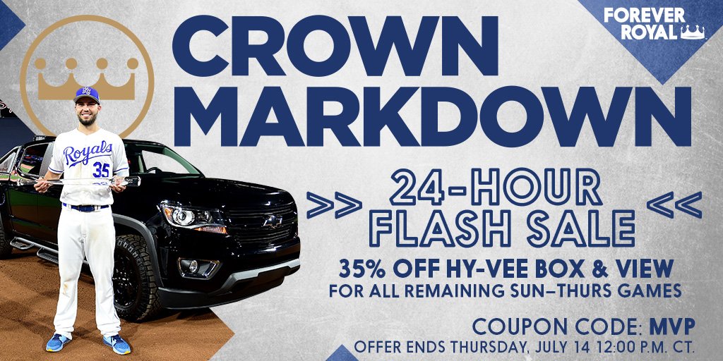 Royals's tweet photo. #ASG MVP Crown Markdown: Save 35% on all remaining Sun-Thurs home games for the next 24 hrs! https://t.co/uMiy2CvKWc https://t.co/Lw9dw1c97e