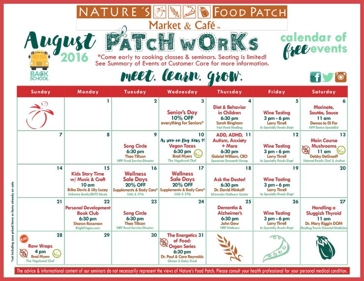 NatureFoodPatch's tweet photo. Check out our August events! #PaTcHwOrKs #TampaBay #BackToSchool #MeetLearnGrow #freecookingclass #bookclub #vegan π https://t.co/gJSEcxcas7