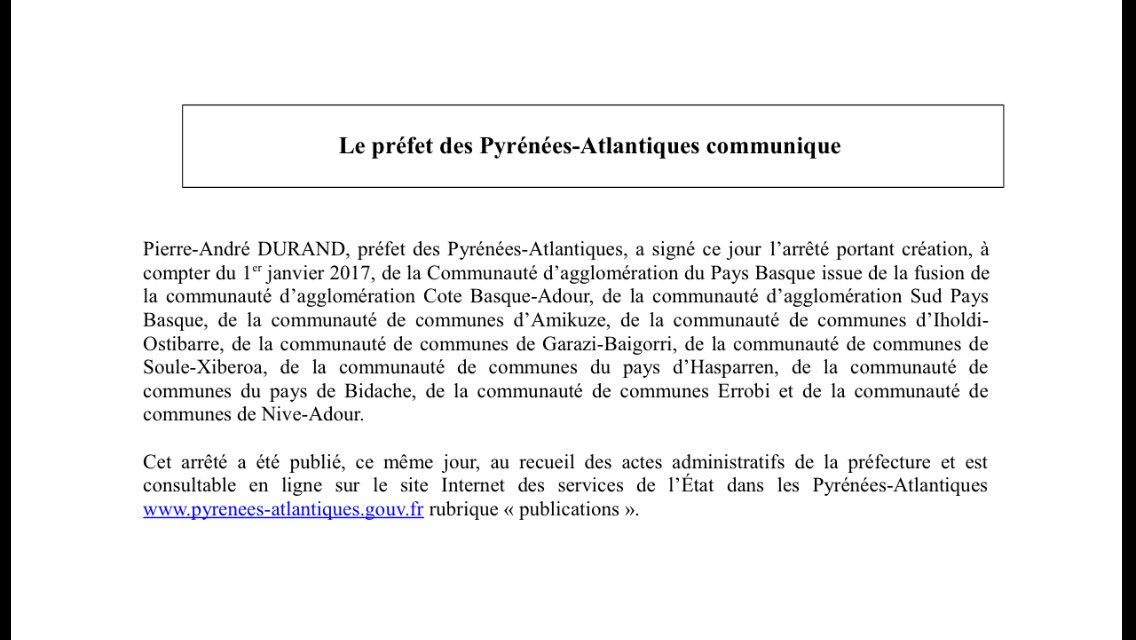 F3euskalherri's tweet photo. L'arrêté préfectoral portant sur la création d'une Communauté d'agglomération du Pays Basque a été signé aujourd'hui https://t.co/fqbodjiaFO