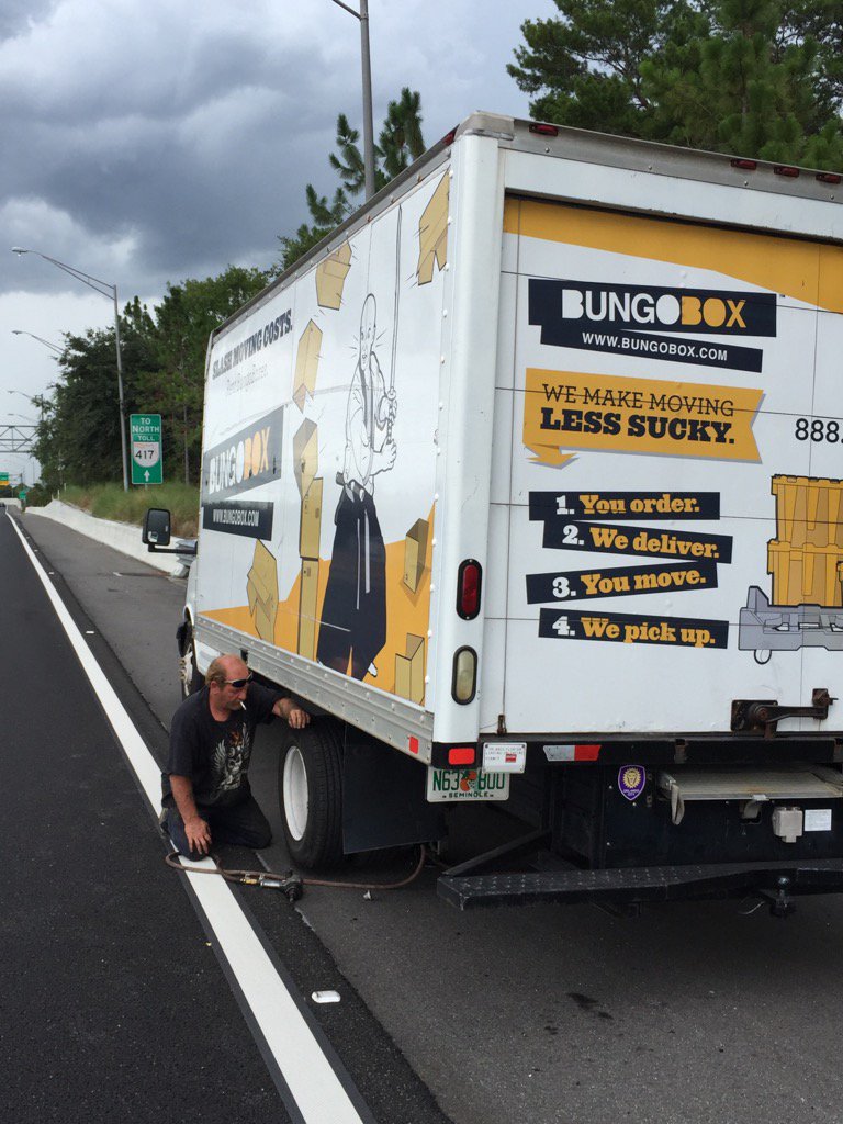 Bob_Cannon's tweet photo. I guess the tires aren't rated for 150mph! Haha. At least we delivered the 500 #Bungoboxes to the client! https://t.co/gLjixIPHO8
