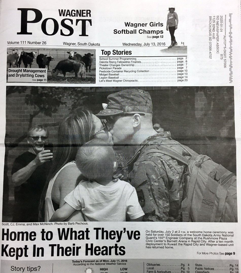 SD_NewsMedia's tweet photo. Big front-page news in Wagner when @SD_Guard 155th Eng. Co.returned from 10-month Kuwait deployment. #sdfrontpages https://t.co/yqAvKzDdWy