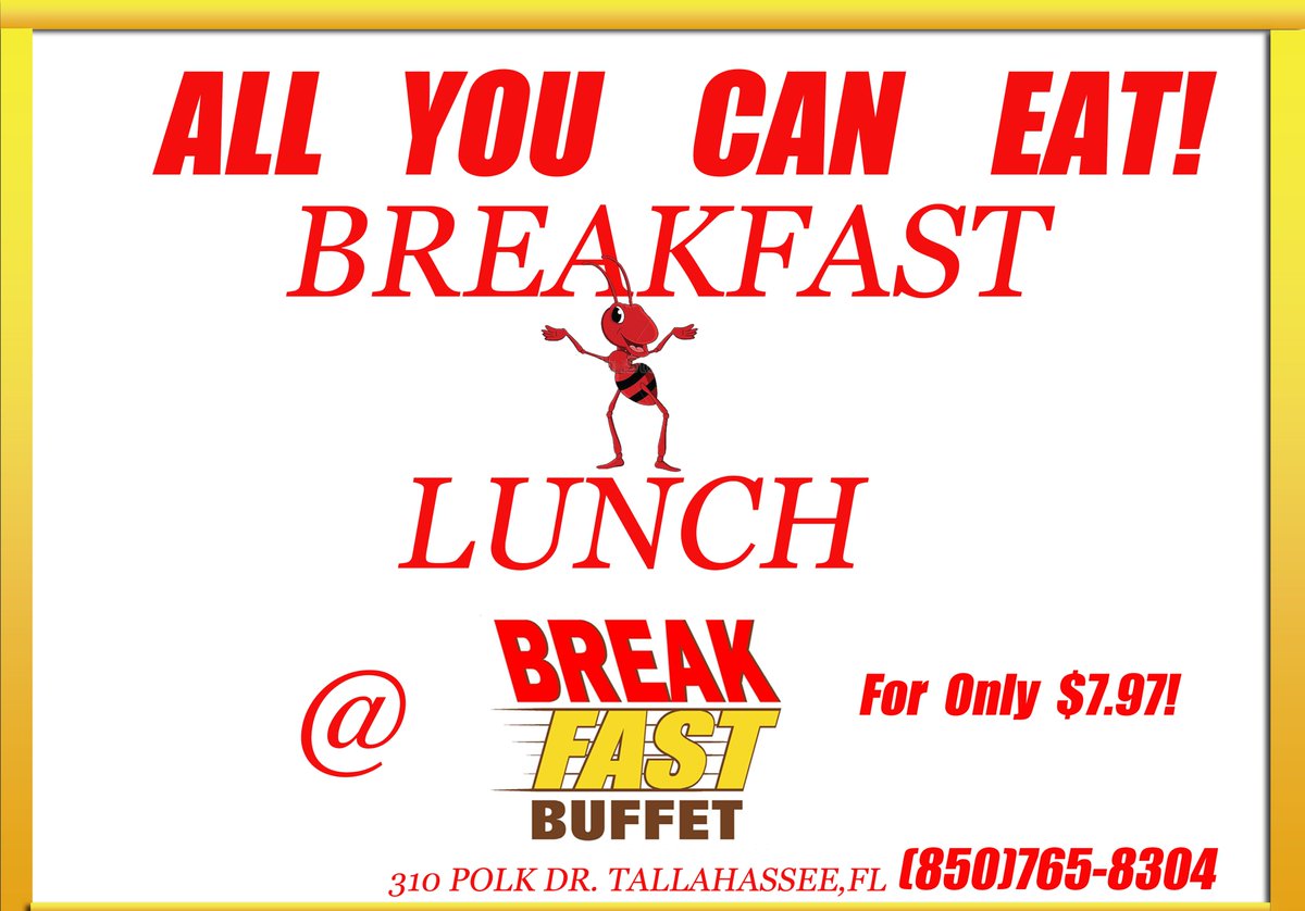 mrmicthevoice's tweet photo. @break__fast Buffet is open 4 lunch until 6:30pm! Come join us 2day &amp; eat all u want for $7.97
#tally #famu #famu14 https://t.co/YbIvBSoCIw