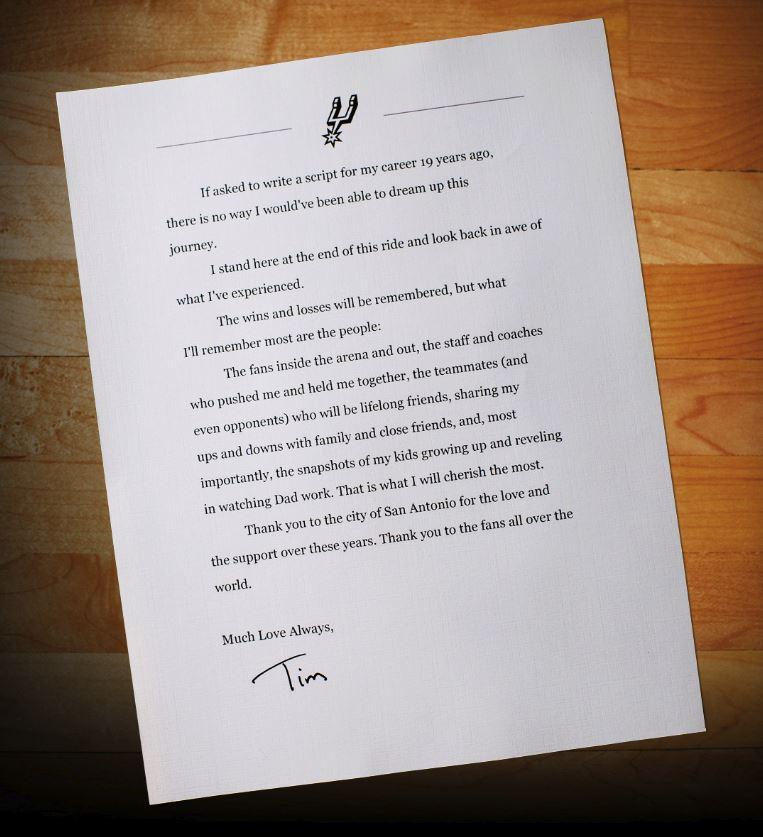 "Thank you to the fans all over the world." - Tim Duncan, in letter posted on @Spurs website