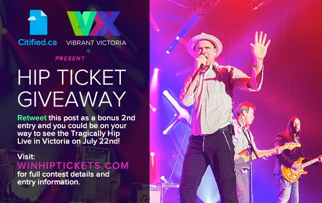 CitifiedYYJ's tweet photo. Win Tragically Hip tickets with Citified.ca and @VibrantVictoria! Entry details at https://t.co/JmSk8aFu59 ! #yyj https://t.co/eajshKRstU