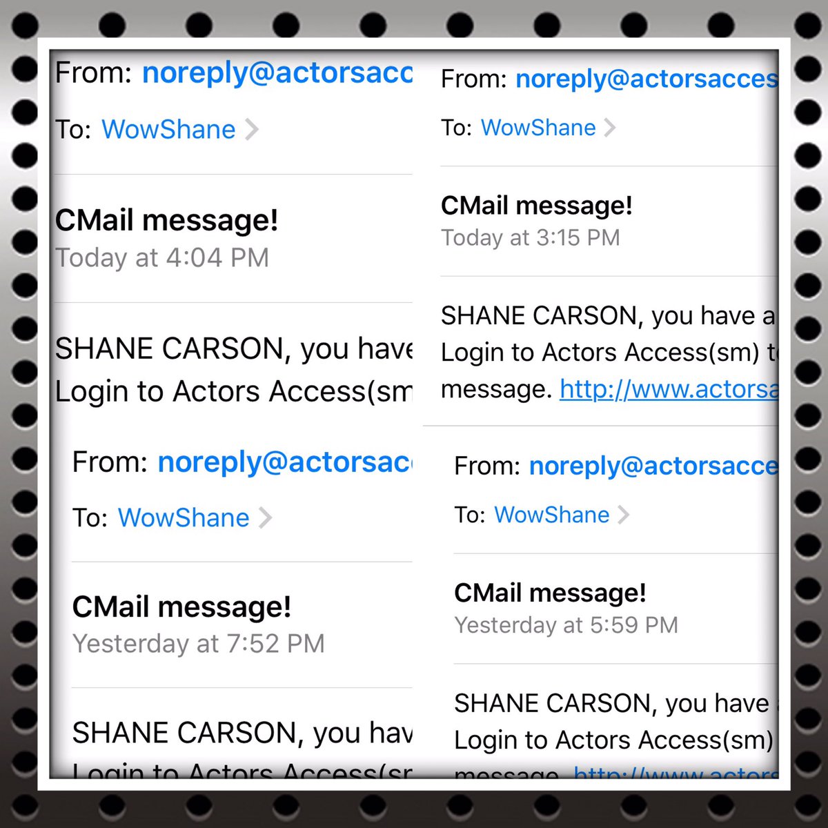 WowShane's tweet photo. Just got my 4th #Cmail notification in 2 days! Thx @ActorsAccess #ShaneCarson #ActorsLife #WowShane #SagAftra https://t.co/0XRJFPyIlr
