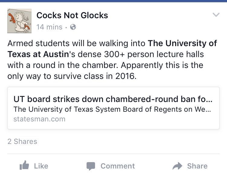 brittanyshulman's tweet photo. .@CocksNotGlocks said it best: https://t.co/Ugfi7fnd4q via @statesman #campuscarry https://t.co/LDT9ZnrTAh