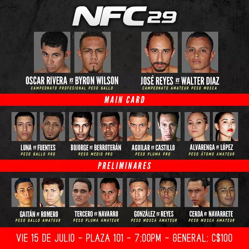 NFCMMAni's tweet photo. Les compartimos la cartelera oficial de #NFC27 presentado por @victoriafrost y @AtomicpizzaNica #mmanicaragua https://t.co/EUJlJ1dBkx