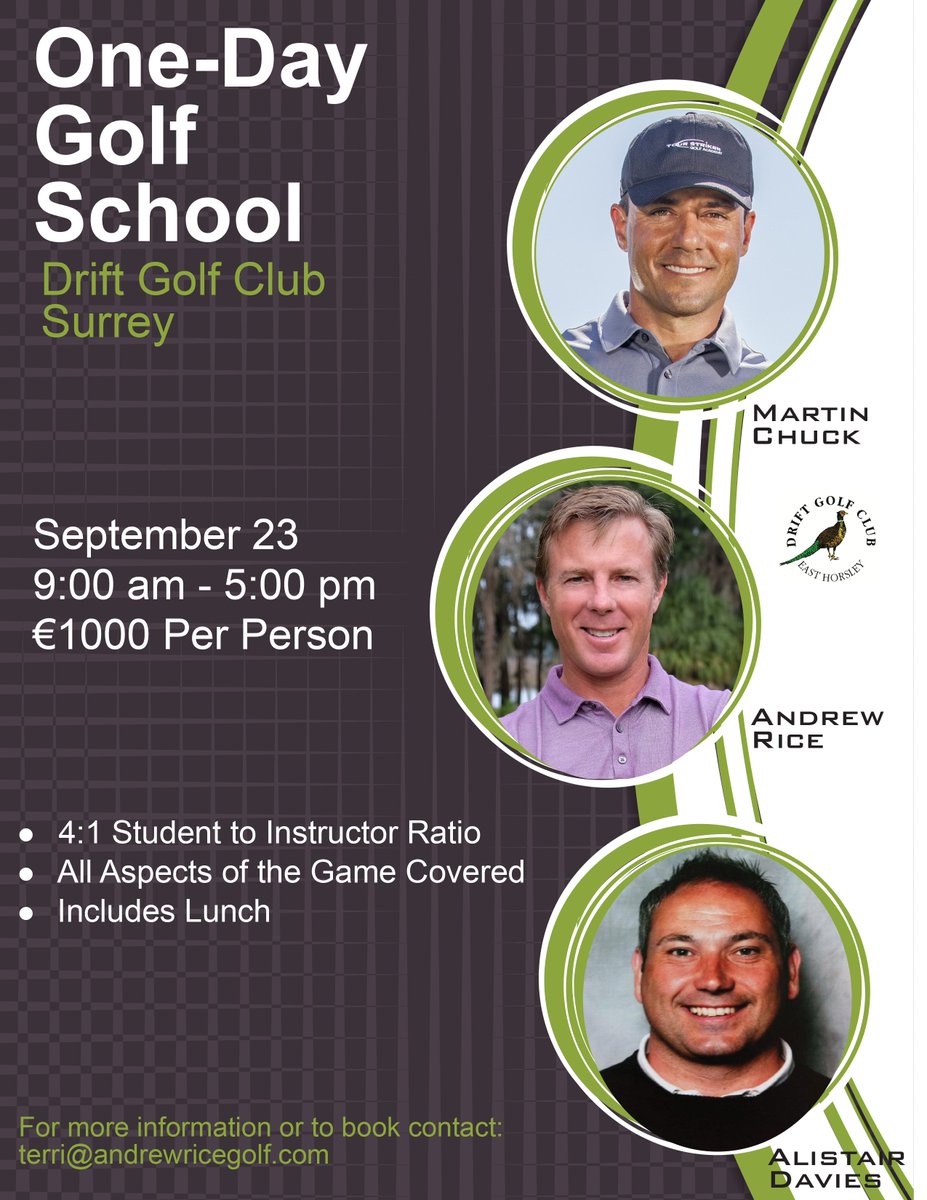 AndrewRiceGolf's tweet photo. Martin Chuck and I will be hosting a One Day Golf School at Drift Golf Club in Surrey on Friday September 23rd. https://t.co/EeKkqleFKX