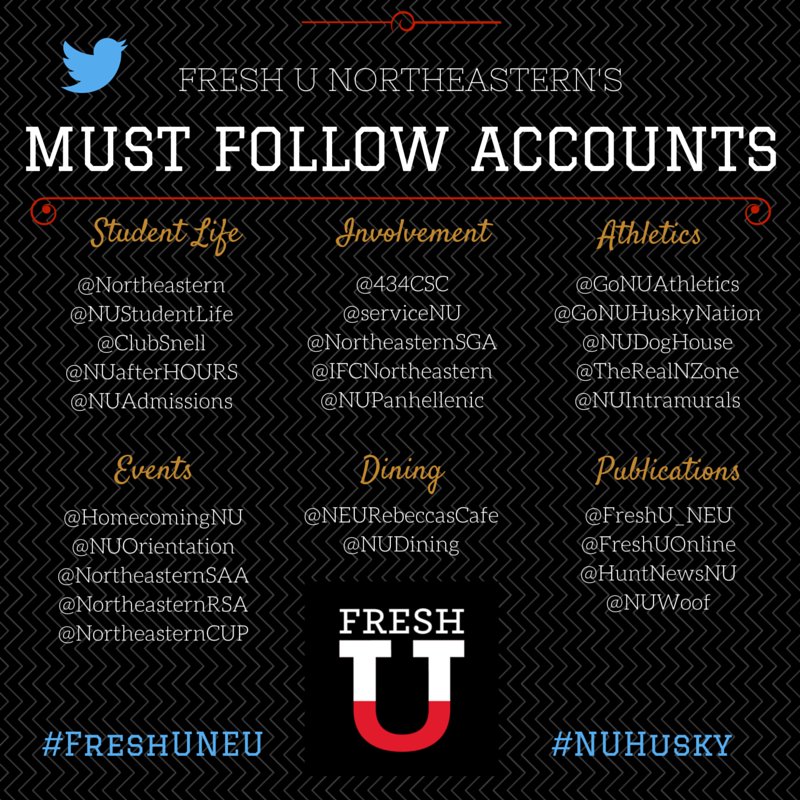 You might want to save this... Fresh U Northeastern's list of the must follow NU accounts on Twitter! #NUHusky