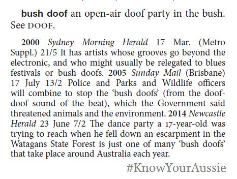 OUPAustraliaNZ's tweet photo. Australian National Dictionary second ed., new entry: bush doof. #KnowYourAussie @ozworders https://t.co/BbHWBUdoyr
