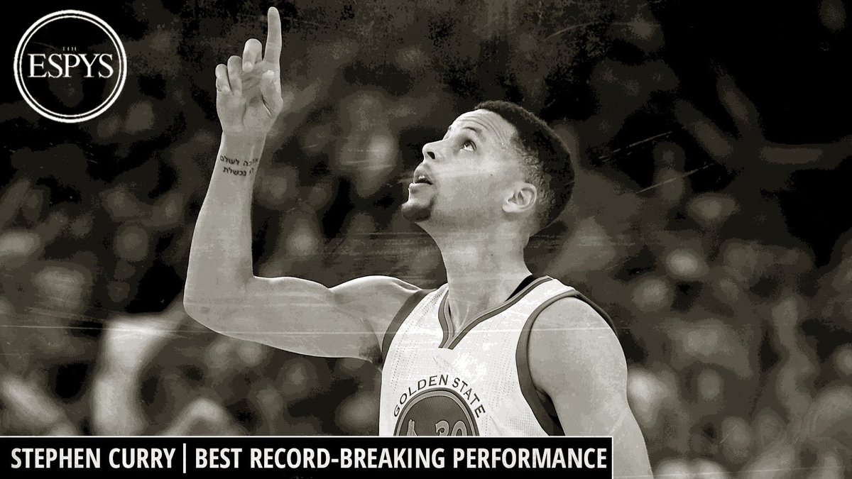 ESPYS's tweet photo. Best Record-Breaking Performance goes to @StephenCurry30! Steph hit a record 402 3-PT FG this season. #ESPYS https://t.co/6vgaVW7f31