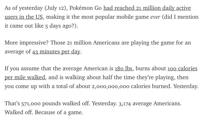 avantgame's tweet image. The math of Pokemon Go is pretty amazing. 21 million players in ONE week, playing 43 minutes on average a day.