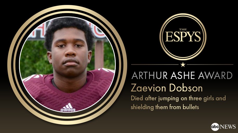 GMA's tweet photo. #ESPYS Arthur Ashe Award for Courage: Zaevion Dobson - killed by bullets after jumping on 3 girls to protect them https://t.co/OUbMjgWoLO