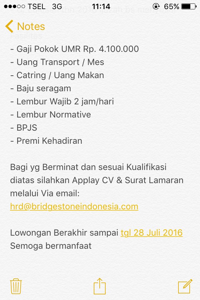BekasiUrbanCity's tweet photo. #Infoloker bagian Admin, QC, OP, dan Gudang di PT Bridgestone Tire Indonesia. Sblm 28 Juli 2016 ya. https://t.co/4vtarxdivc