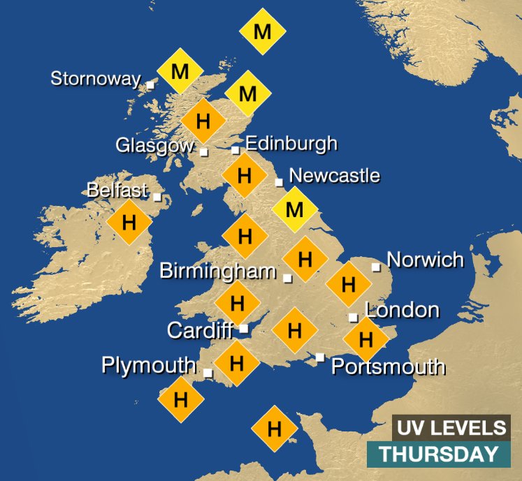 bbcweather's tweet photo. Today's UV levels for you. Phil https://t.co/sFxlZ9MSCP