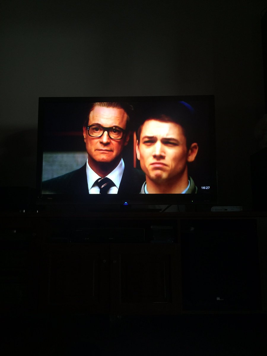 GorgeousHannahM's tweet photo. @TaronEgerton watching Kingsman and getting excited for the second one to come out 😊 https://t.co/f5lfNUYRyS