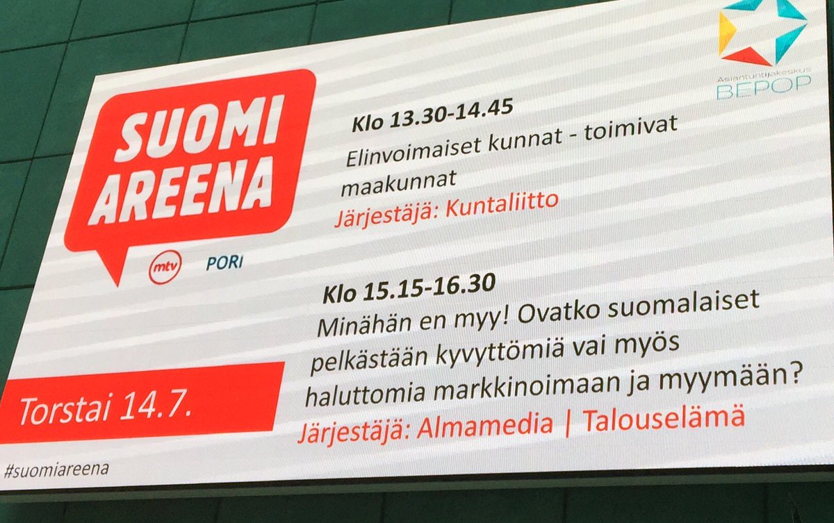Tervetuloa BEPOP-lavalle tänään klo 15.15! #SuomiAreena #myynti #markkinointi <a href="/talouselama/">Talouselämä</a> <a href="/reijoruokanen/">Reijo Ruokanen</a>