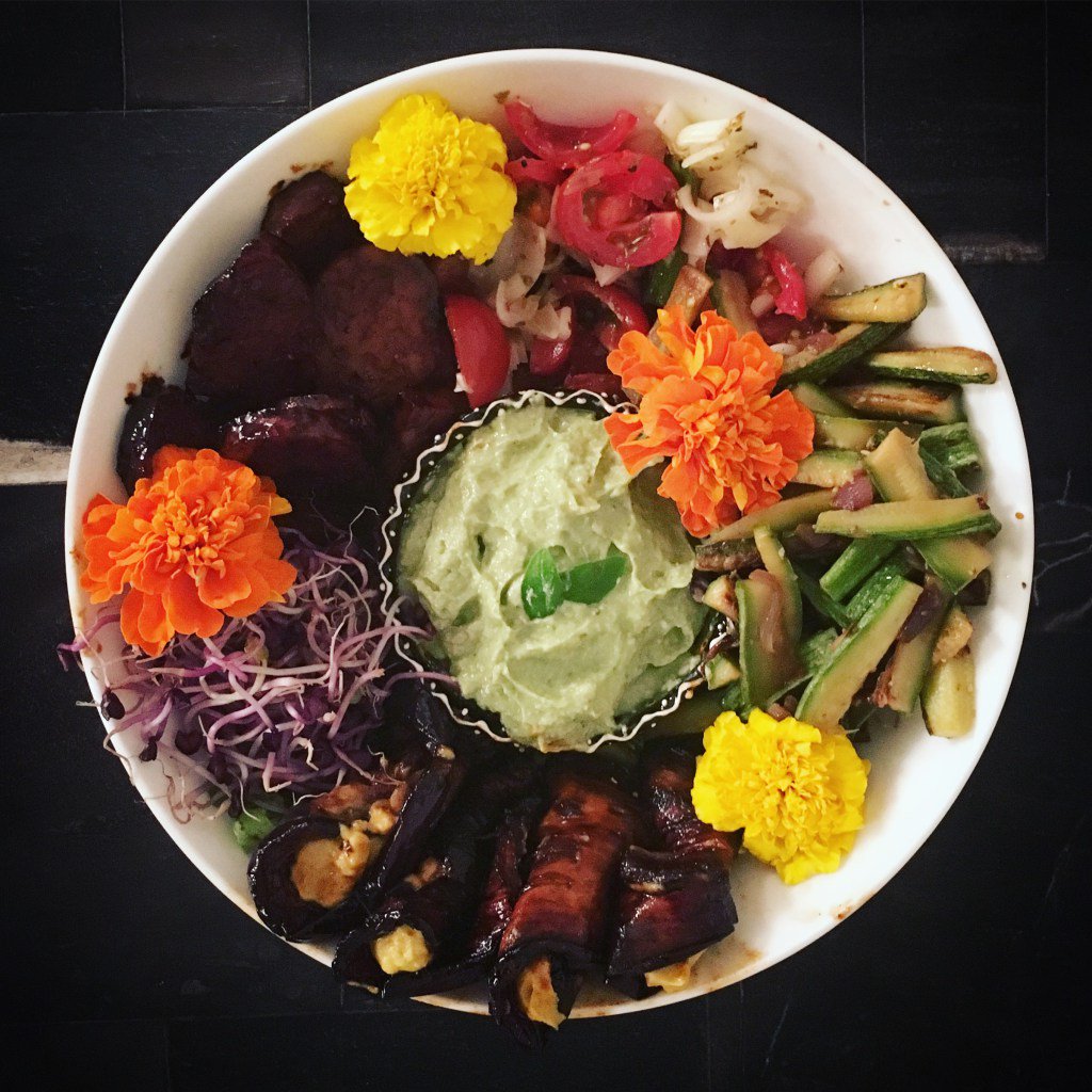 July Buddha Bowl (w/eggplant bacon rolls) morganickitchen.com/2016/07/06/jul…