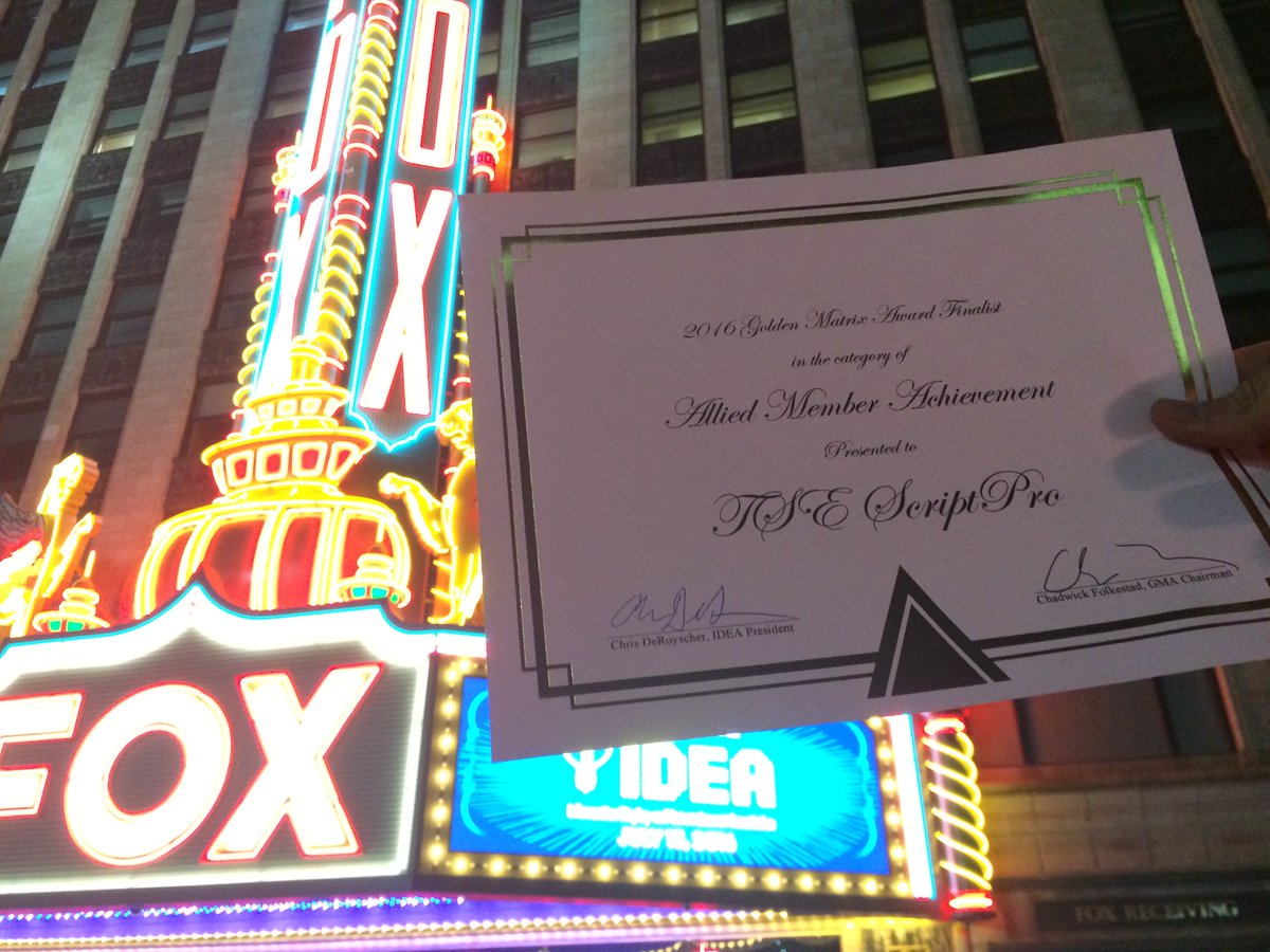 TSEScriptPRO's tweet photo. We are truly honored for the Allied Member Achievement Award nomination last night by @ideaontheweb #IDEADetroit https://t.co/H8Lw8JKoFz