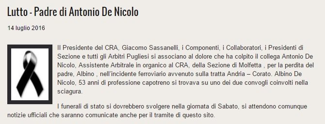 CRA_Puglia's tweet photo. Nel disastro ferroviario morto il padre del collega Antonio De Nicolo della Sezione AiA di Molfetta https://t.co/GLPEup32MG