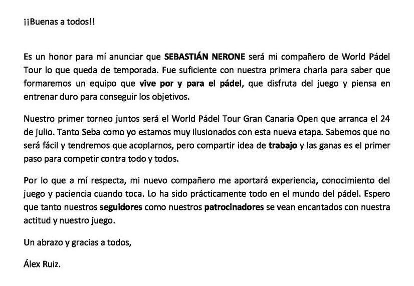 11alexruiz's tweet photo. COMUNICADO | Seba Nerone será mi compañero lo que queda de temporada. ¡Encantado de arrancar esta nueva etapa! https://t.co/ZNy3KFo74D