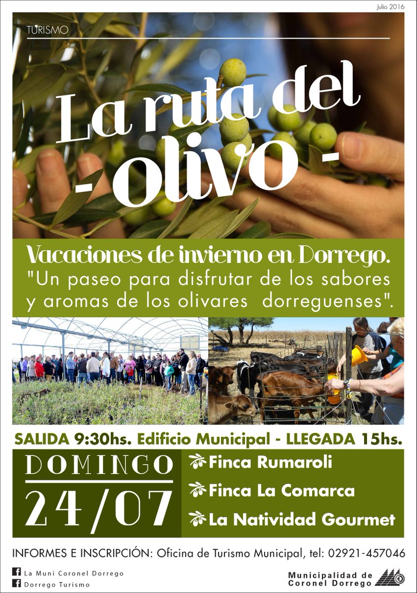 dorregoturismo's tweet photo. DOMINGO 24 JULIO:#ExcursionGuiada LaRutadelOlivo DORREGO. Anotate!! Inbox a Facebook o al TE 02921-457046 https://t.co/aJIFLzNwDL