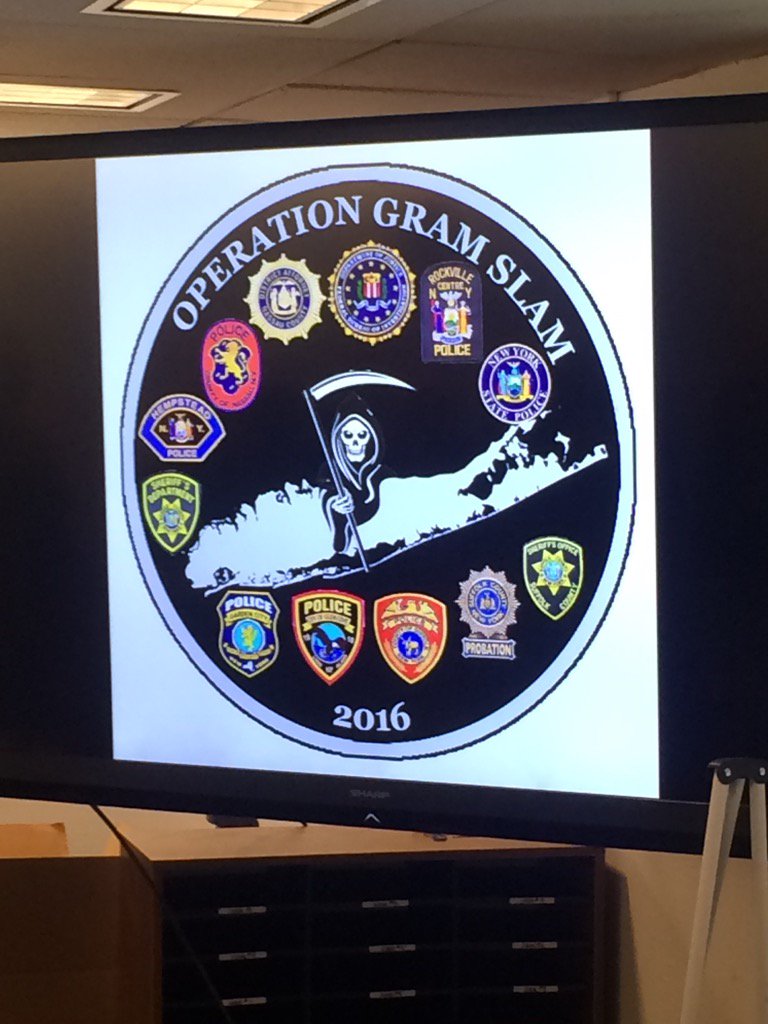 kdeutschjourno's tweet photo. Gotta give them a 10 for the operational logo. Grim reaper overlaid on Long Island. Part of operation "Gram Slam." https://t.co/o0KuccDnHi