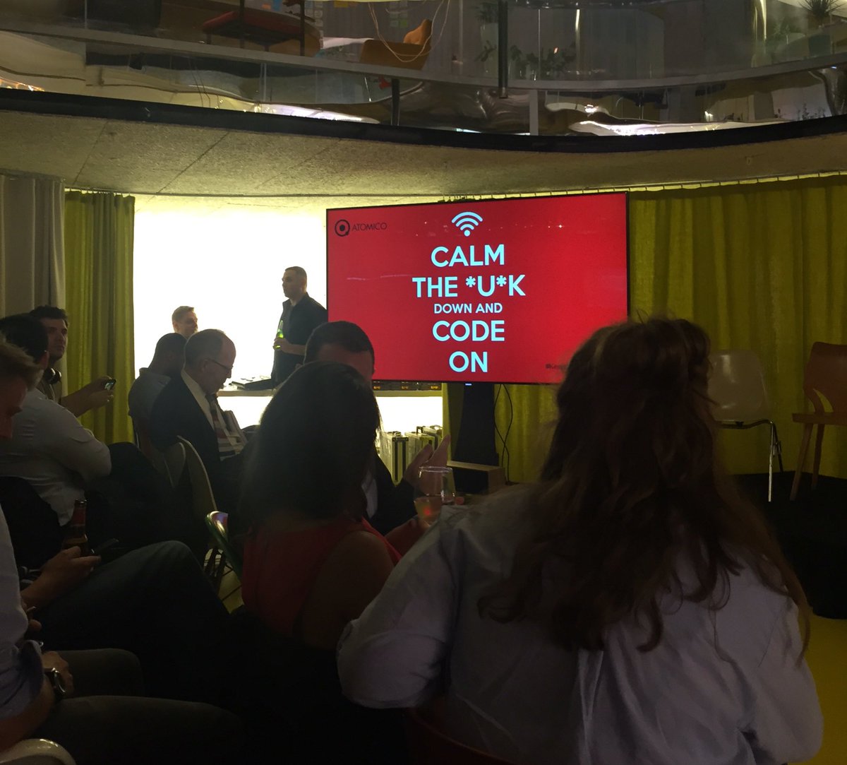 atomico's tweet image. Standing room only @SECONDHOMELDN as the crowd gathers for the @atomico #Brexit discussion #KeepCalmAndCodeOn