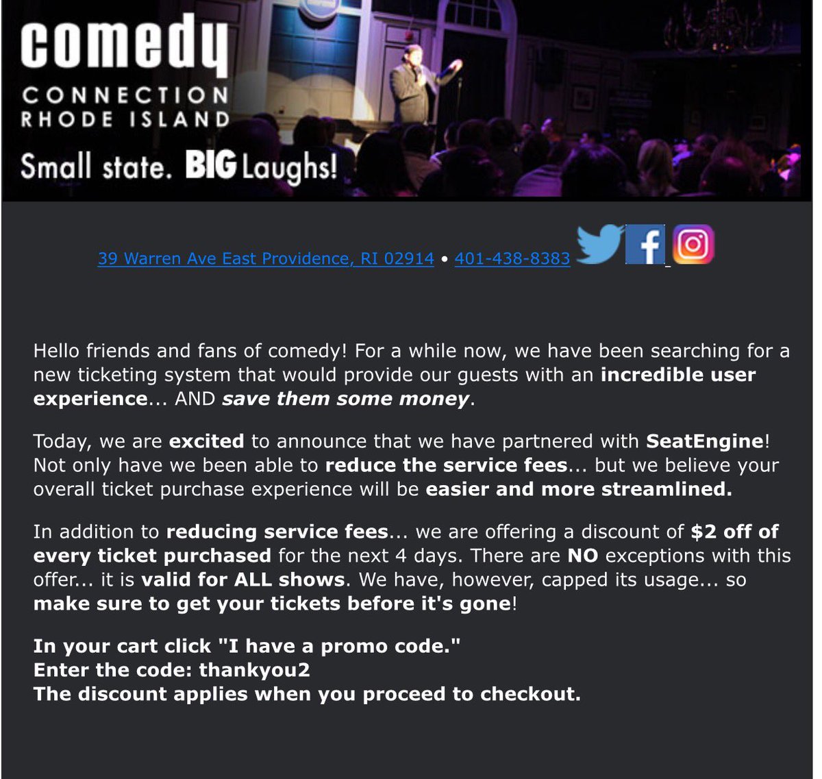 New ticketing system-lower fees, easier experience and a discount! (see photo) ricomedyconnection.com