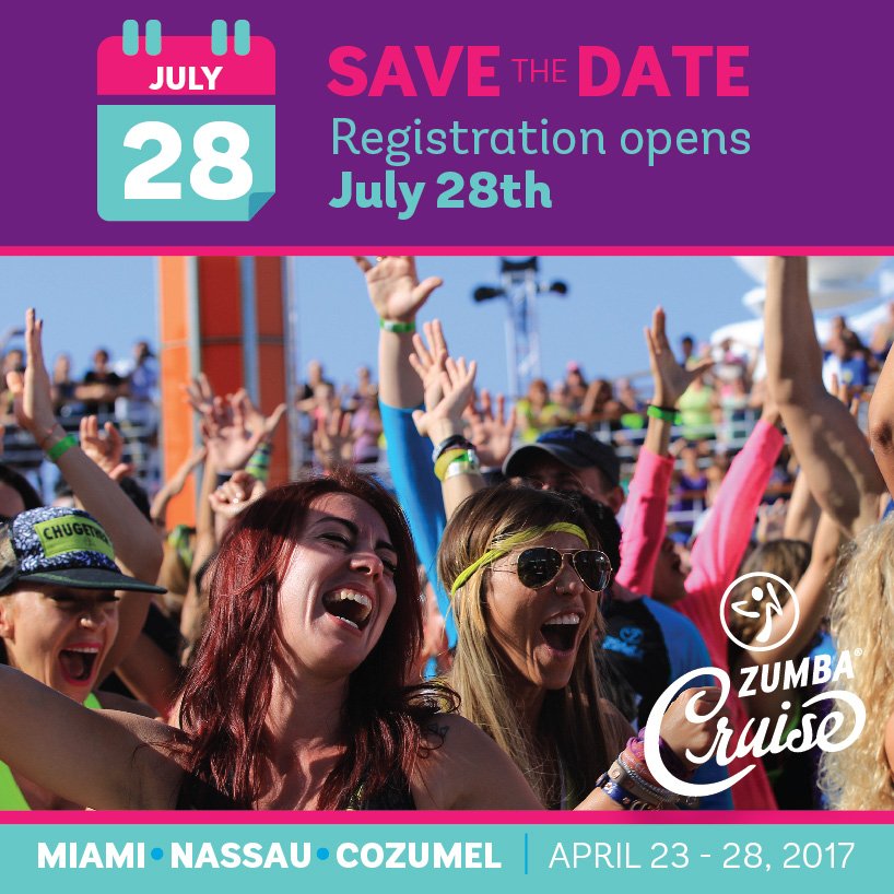 zumba's tweet photo. IT'S BAAAAAACK! Ready to soak up the FUN?  #ZumbaCruise
Registration opens 7/28! https://t.co/YUdQZ74OWe