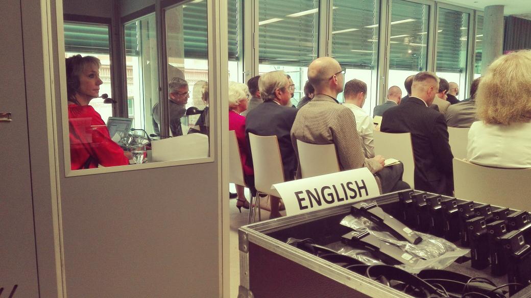 QuadrigaBerlin's tweet photo. Our German speakers are translated into English today. Amazing job, simultanous translation! #quadrigaday https://t.co/0CthDJ0vuF