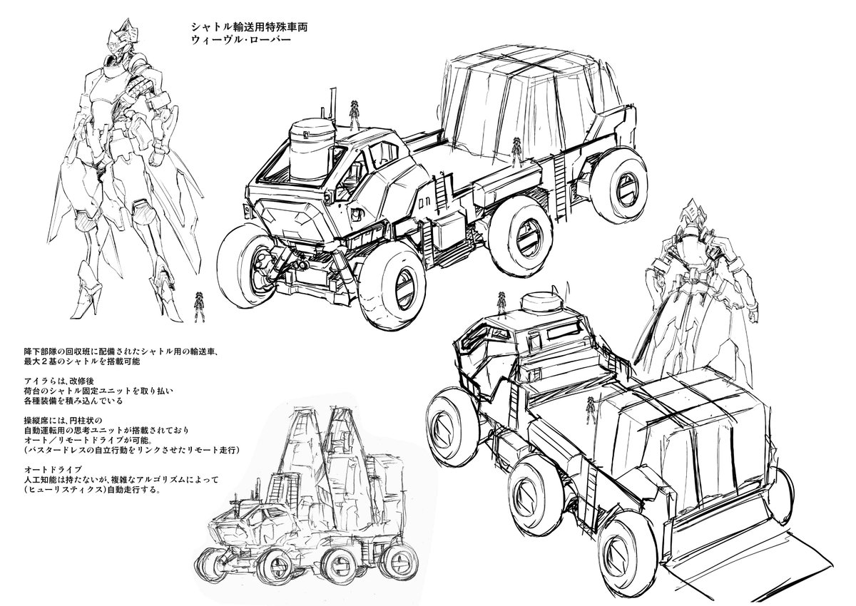 バスタードレスより、4話登場の車両。
「ウィーヴル・ローバー」1話で降下部隊と共に投下されたシャトルの輸送車両。
当然ですが、かなり大きめ。 