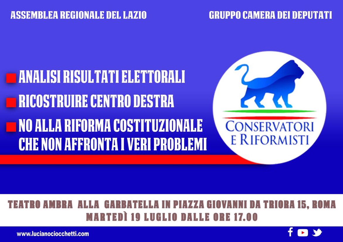 LCiocchetti's tweet photo. Vi aspetto con @RaffaeleFitto 19 #luglio ore 17  Teatro Ambra Garbatella.Serve un nuovo centrodestra! @CRiformisti https://t.co/mjWhIDZA3D