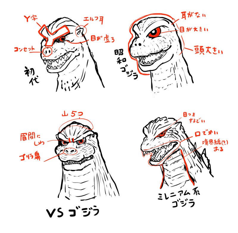 Twitter 上的 才ムラムラオ 個人的ゴジラの顔の描きかた覚え書き シンゴジラは全体的に髑髏チックだ T Co Mnxtsz3aen Twitter