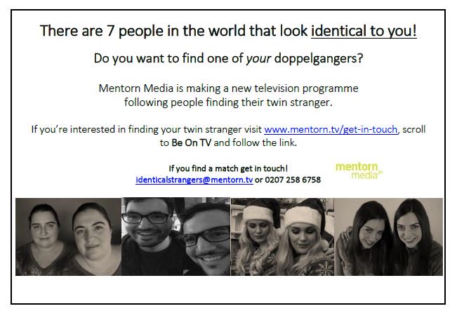 doppelganger_UK's tweet photo. @statravelUS Come find your doppelganger and be part of a new documentary!  #doppelganger #lookalike #travel RT? https://t.co/E0BVIMDbSc