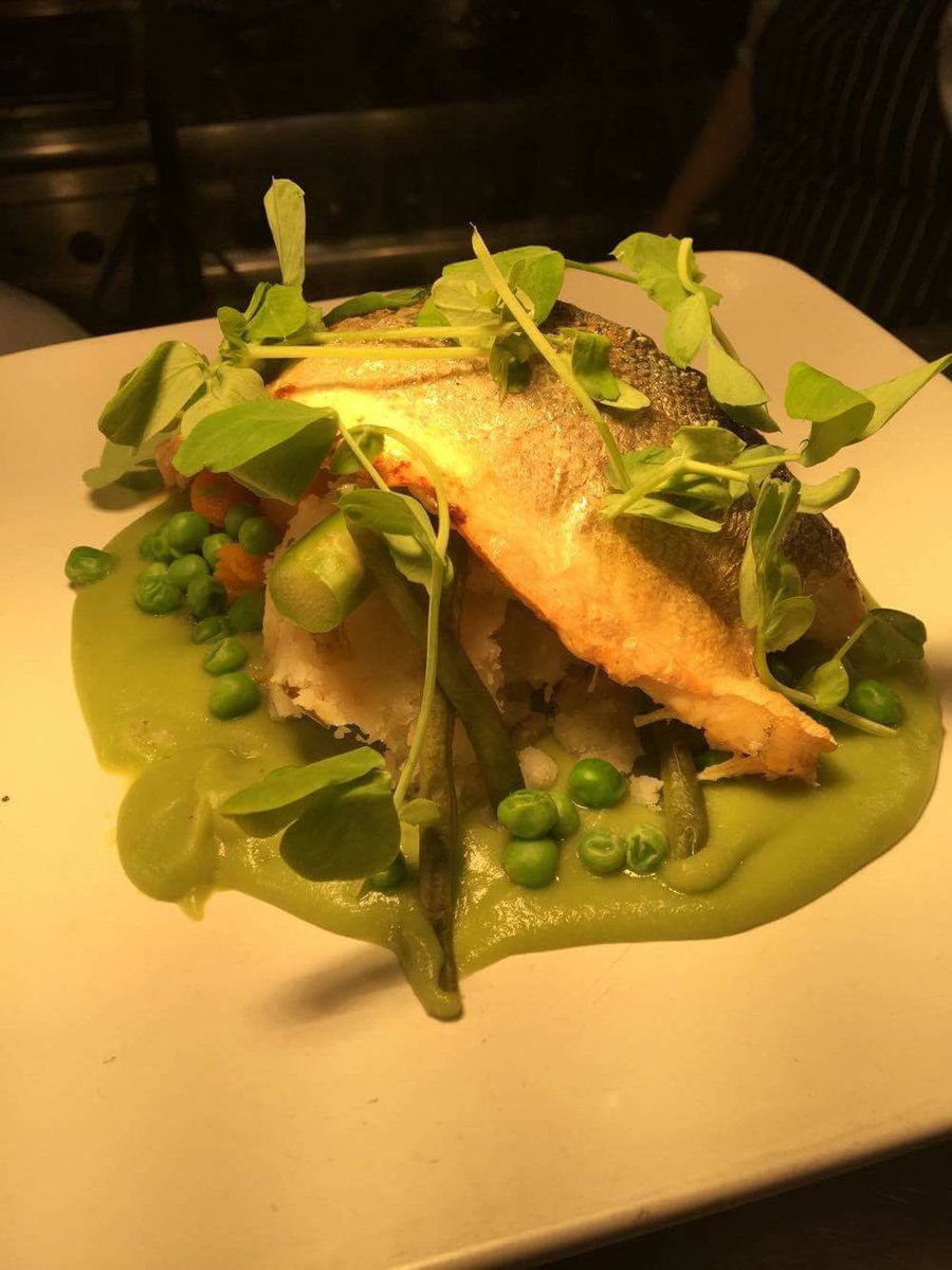 Today's Fish 🐟 Fillet of Sea Bass with minted pea purée, served with summer vegetables and Leek mash potatoes 👌🏻
