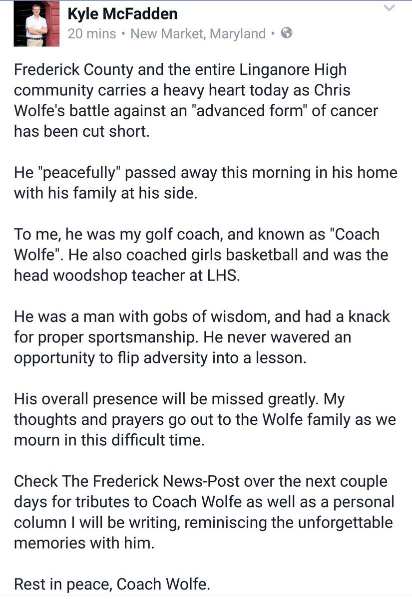 k_fadd's tweet photo. Rest in peace, Coach Wolfe  @LinganoreGolf https://t.co/I4LTPXyiC1