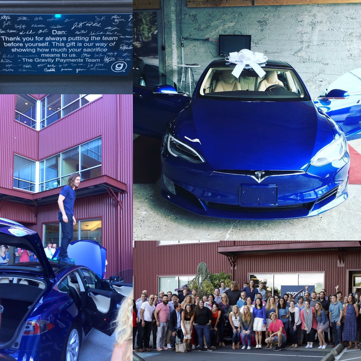 DanPriceSeattle's tweet photo. Shocked. Disbelief. Gravity employees pitched in and saved up for the past six months. bought me a brand new #Tesla https://t.co/ARIXWaIIP7