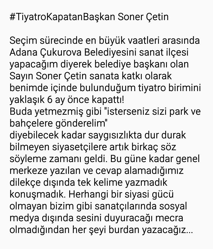 #TiyatroKapatanBaşkan Bununla ilgili bir açıklama yaparsınız herhalde... @sonercetin01 @cukurovabeld