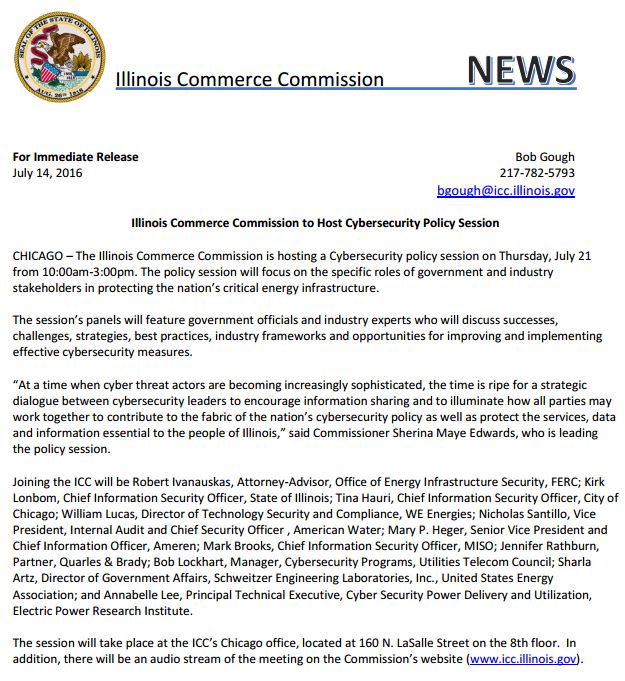 NARUC's tweet photo. .@ILCommerceComm energy cybersecurity policy session TODAY, 10am-3pm CDT w/ LIVE AUDIO STREAM #GuardTheGrid https://t.co/aR8CCFbW04