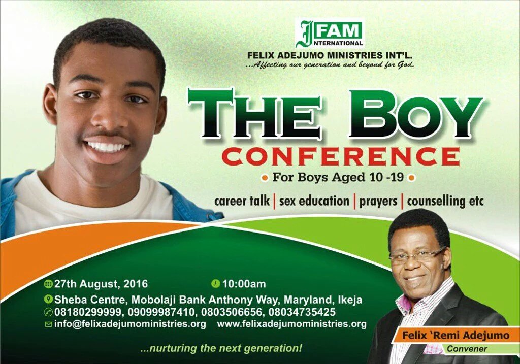 FFAdejumo's tweet photo. The boys are the leaders of tomorrow. They are the heads of our homes. Bring them to #BoyConference this August https://t.co/yxmI8fgN5X
