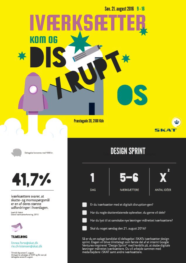 Kære #iværksætter kom og vær med til #disruption og #designsprint i #SKAT m #slutbrugerfokus &amp; #innovation i centrum
