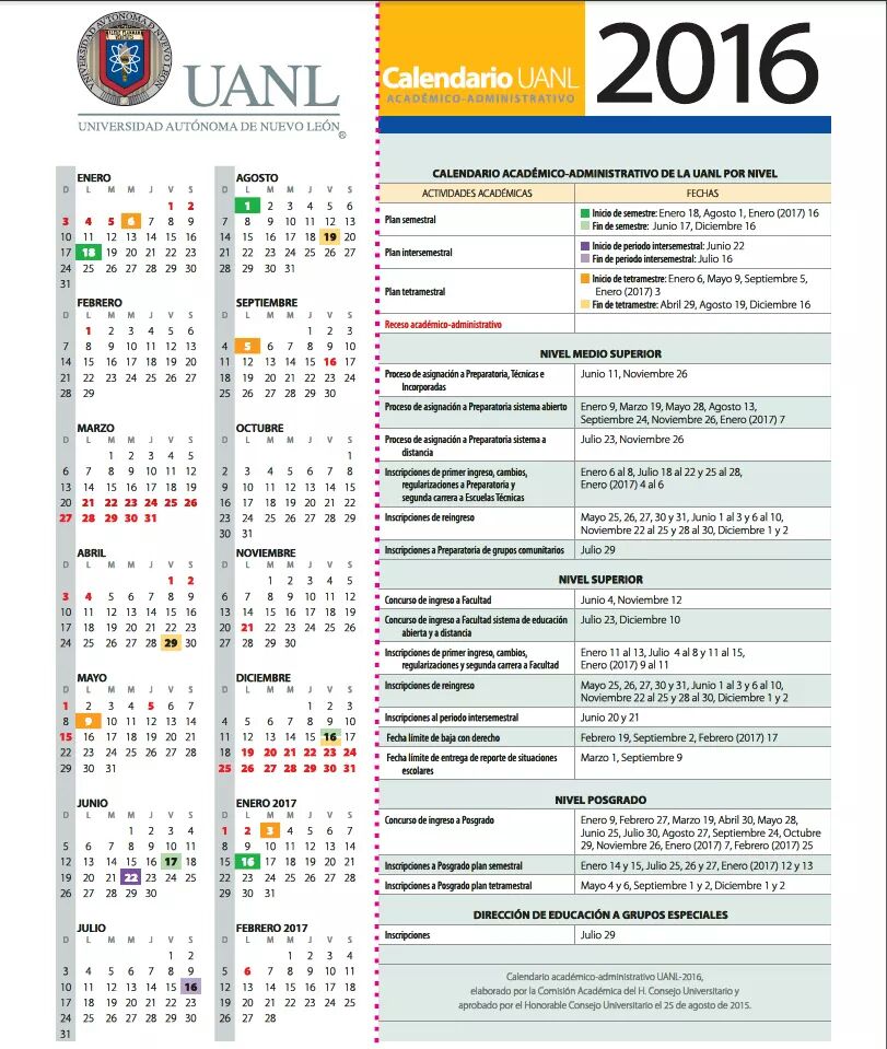 Calendario 2016 📅 #UANL #DAE