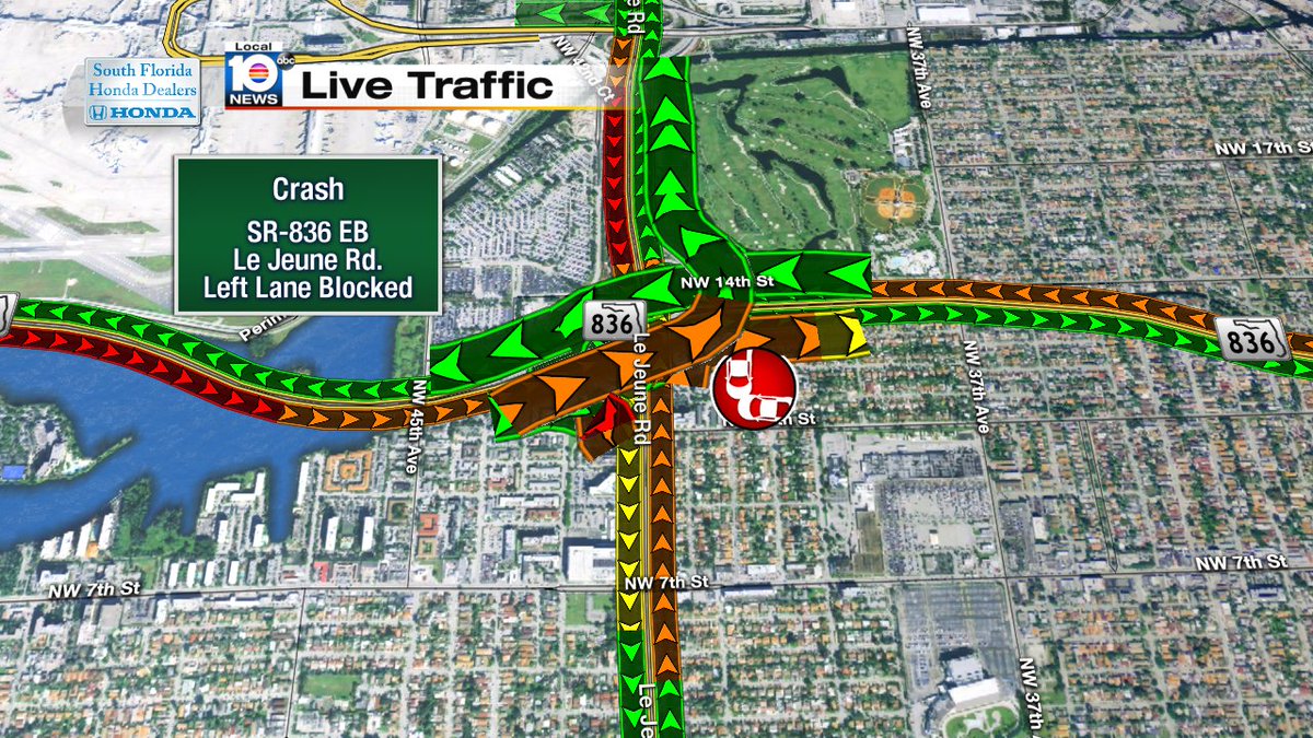 CRASH: SR-836 EB & Le Jeune Rd.  Left lane blocked. Expect delays.  #TRAFFIC #MIAMI https://t.co/8FqaEGBfOQ