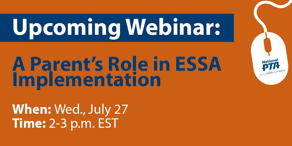 NationalPTA's tweet image. Join us July 27 to learn about the #ESSA implementation w/ @NationalPTA's @BallJacki &amp;amp; more! bit.ly/29To9nV